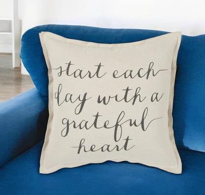 20" Natural and Gray Grateful Heart Cotton Throw Pillow