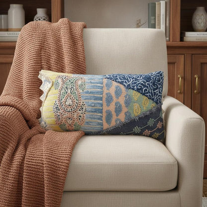 14" X 26" Yellow And Light Blue No Pattern Cotton Throw Pillow