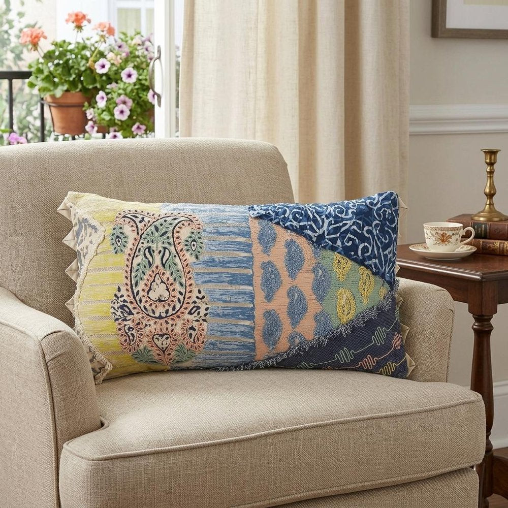 14" X 26" Yellow And Light Blue No Pattern Cotton Throw Pillow