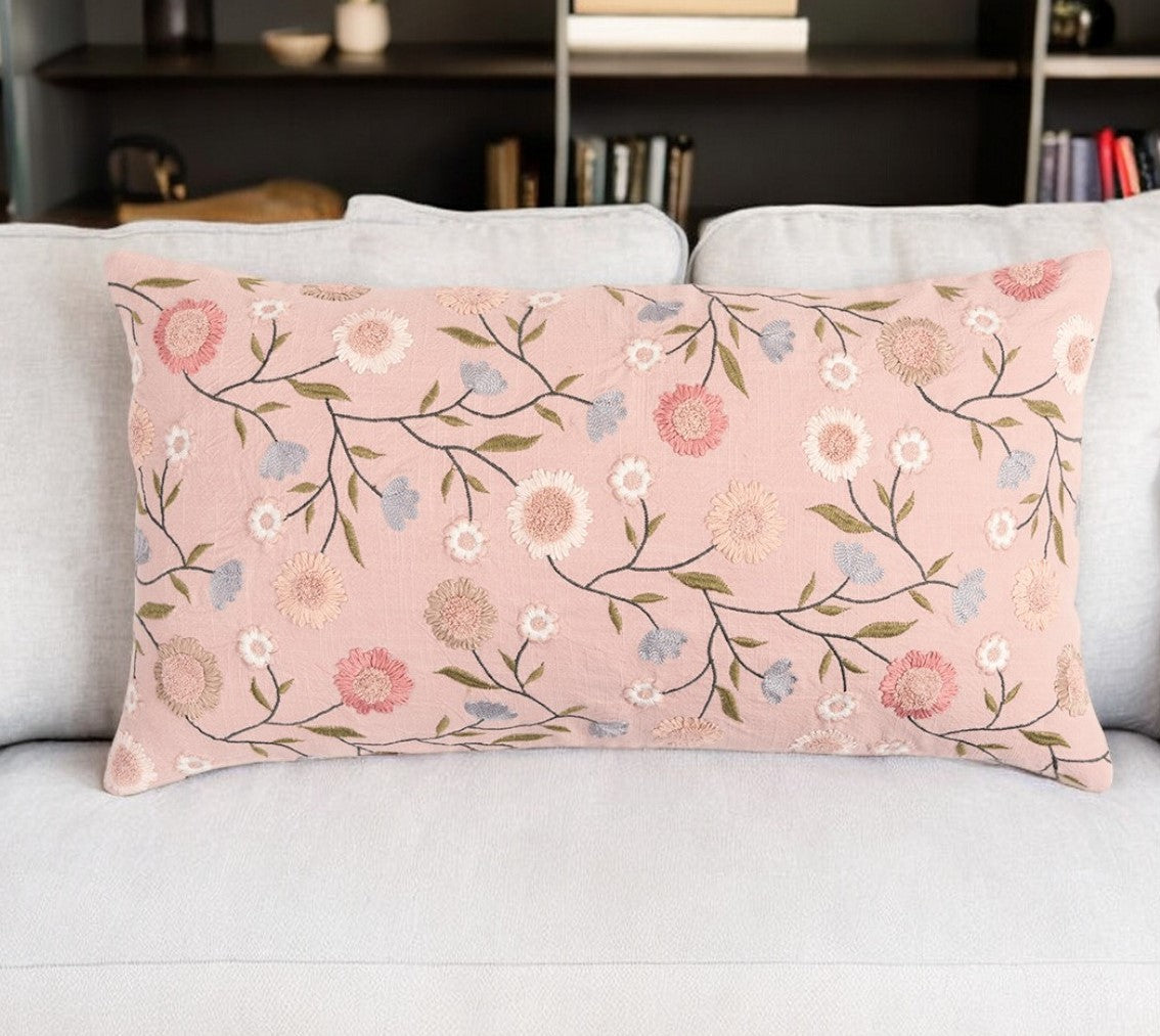 14" X 26" Blush Floral Cotton Throw Pillow With Embroidery