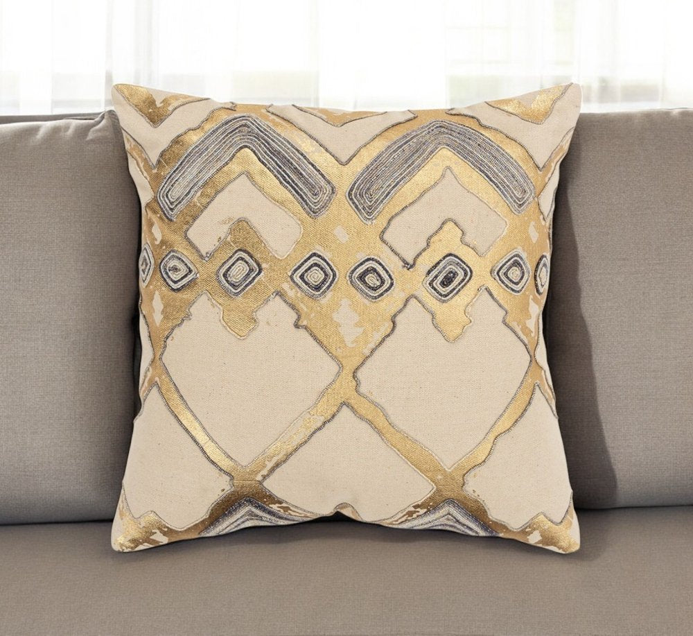 Beige Gold Foil Distressed Modern Throw Pillow