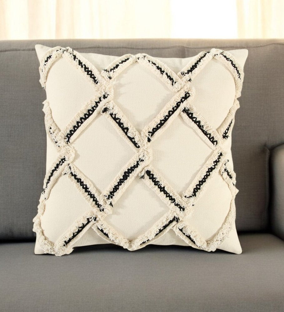 18" Cream and Black Textured Lattice Throw Pillow