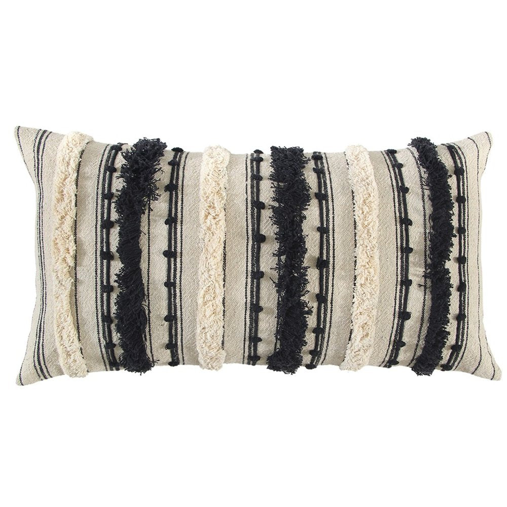 14" X 26" Beige And Black Cotton Throw Pillow With Fringe And Texture