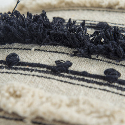 14" X 26" Beige And Black Cotton Throw Pillow With Fringe And Texture