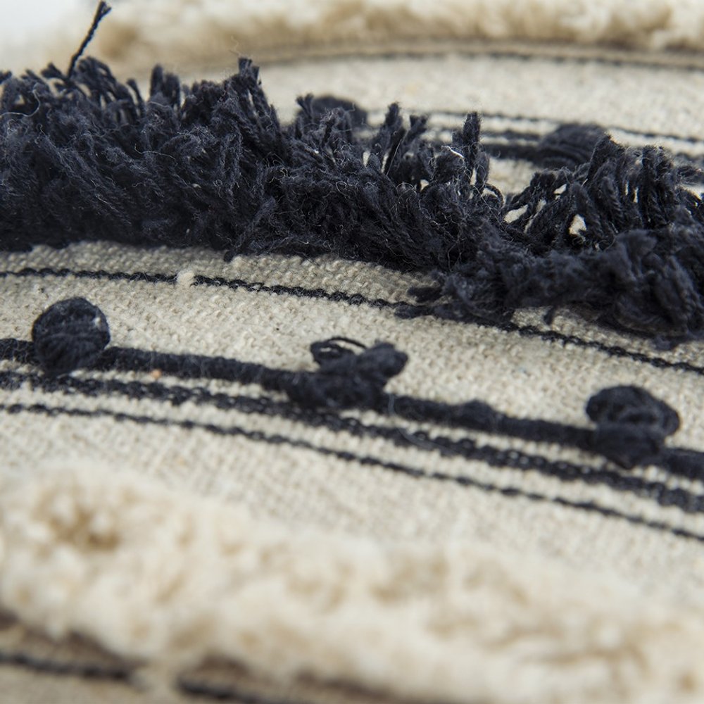 14" X 26" Beige And Black Cotton Throw Pillow With Fringe And Texture