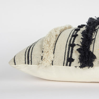 14" X 26" Beige And Black Cotton Throw Pillow With Fringe And Texture