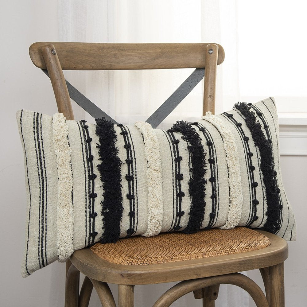 14" X 26" Beige And Black Cotton Throw Pillow With Fringe And Texture