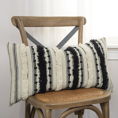 14" X 26" Beige And Black Cotton Throw Pillow With Fringe And Texture