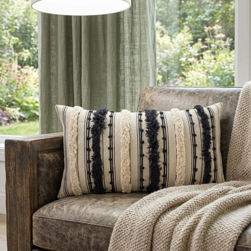 14" X 26" Beige And Black Cotton Throw Pillow With Fringe And Texture