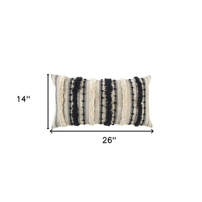 14" X 26" Beige And Black Cotton Throw Pillow With Fringe And Texture