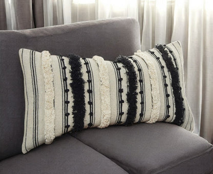 14" X 26" Beige And Black Cotton Throw Pillow With Fringe And Texture
