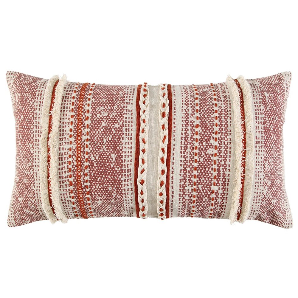 14" X 26" Natural And Russet Lumbar Striped Cotton Throw Pillow with Texture