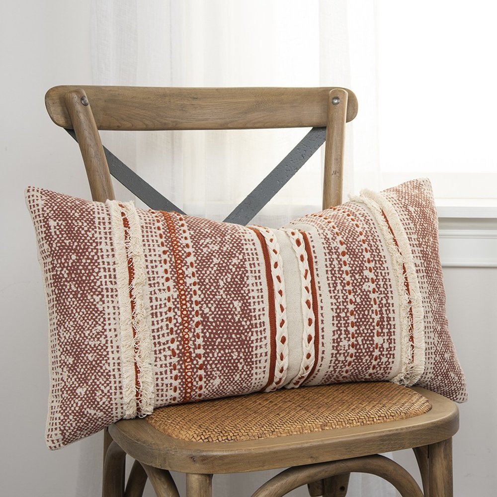 14" X 26" Natural And Russet Lumbar Striped Cotton Throw Pillow with Texture