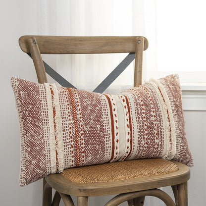 14" X 26" Natural And Russet Lumbar Striped Cotton Throw Pillow with Texture