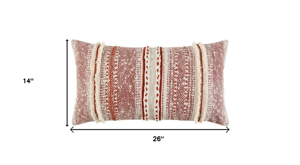 14" X 26" Natural And Russet Lumbar Striped Cotton Throw Pillow with Texture