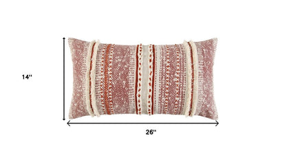 14" X 26" Natural And Russet Lumbar Striped Cotton Throw Pillow with Texture