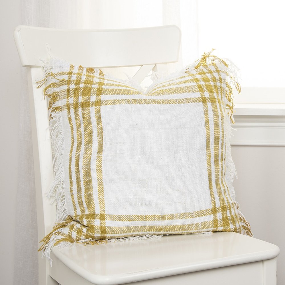 White Gold Open Plaid Textured Throw Pillow