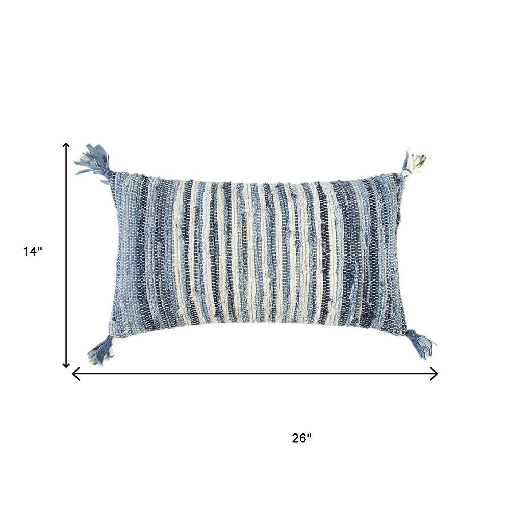14" X 26" Denim Blue And Ivory Cotton Throw Pillow with Tassels And Texture