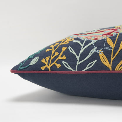 Blue Botanical and Bird Embroidered Lumbar Pillow