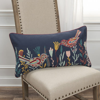 Blue Botanical and Bird Embroidered Lumbar Pillow