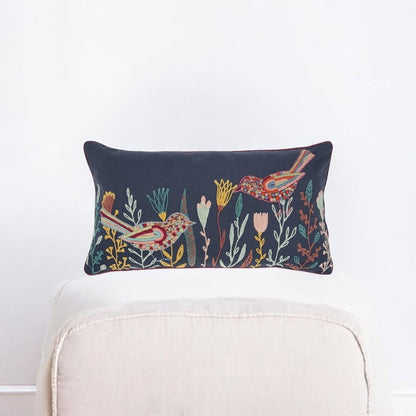 Blue Botanical and Bird Embroidered Lumbar Pillow