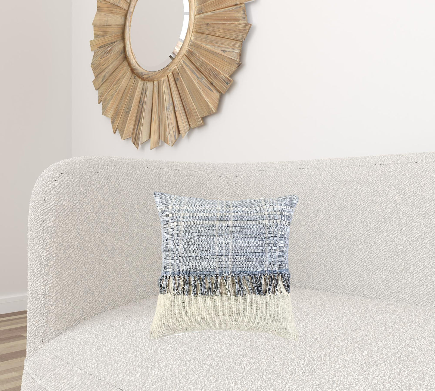 Ivory Blue Block Tasseled Throw Pillow