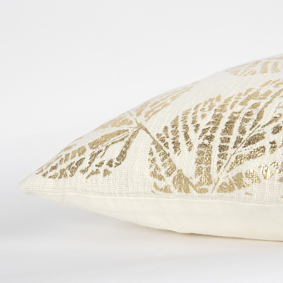 Ivory Gold Metallic Foil Leaf Pattern Throw Pillow