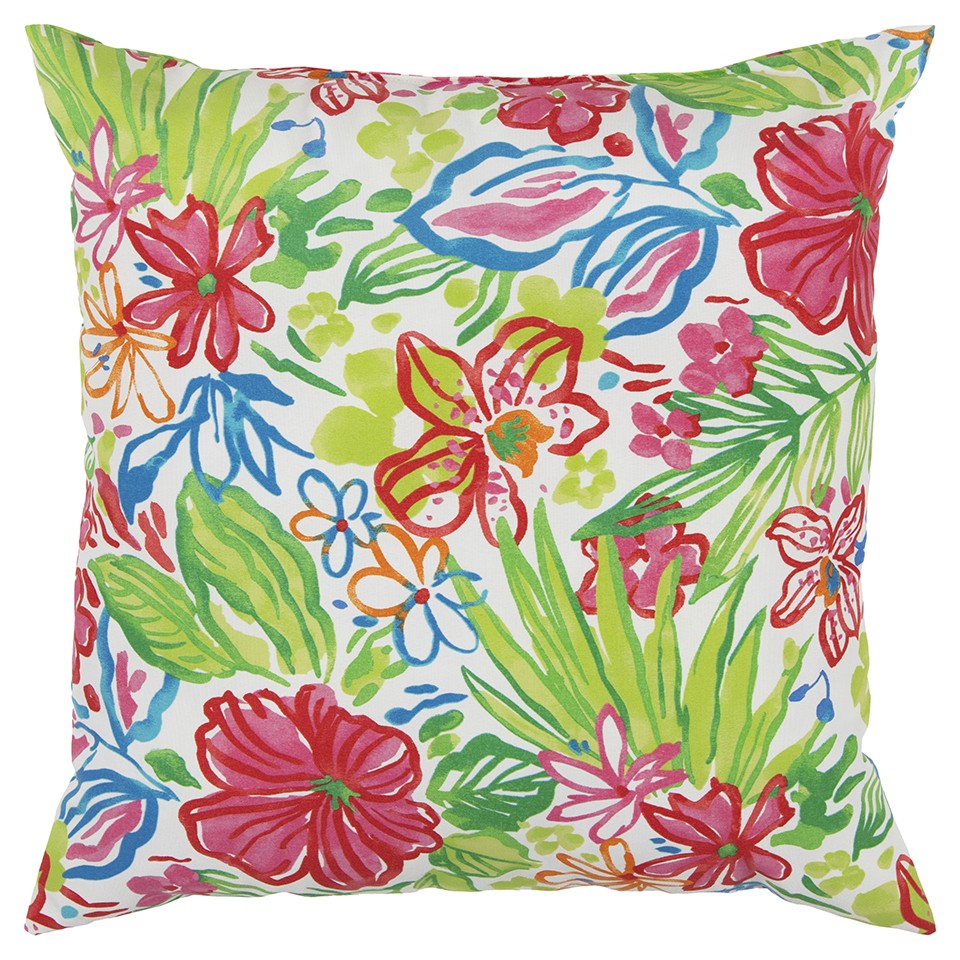 22" White Green and Pink Tropical Indoor Outdoor Throw Pillow