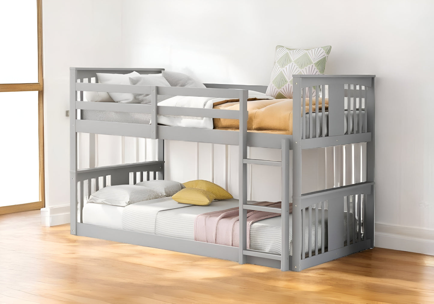 Gray Classic Twin Over Twin Bunk Bed with Ladder