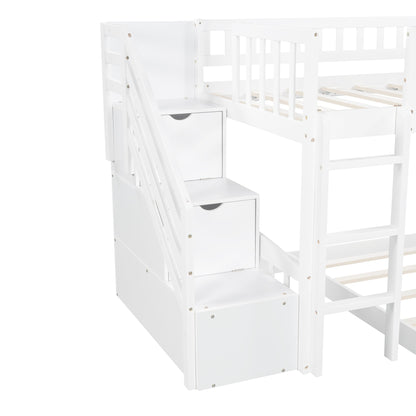 White Twin Over Twin Perpendicular Bunk Bed with Storage Stairs and Slide