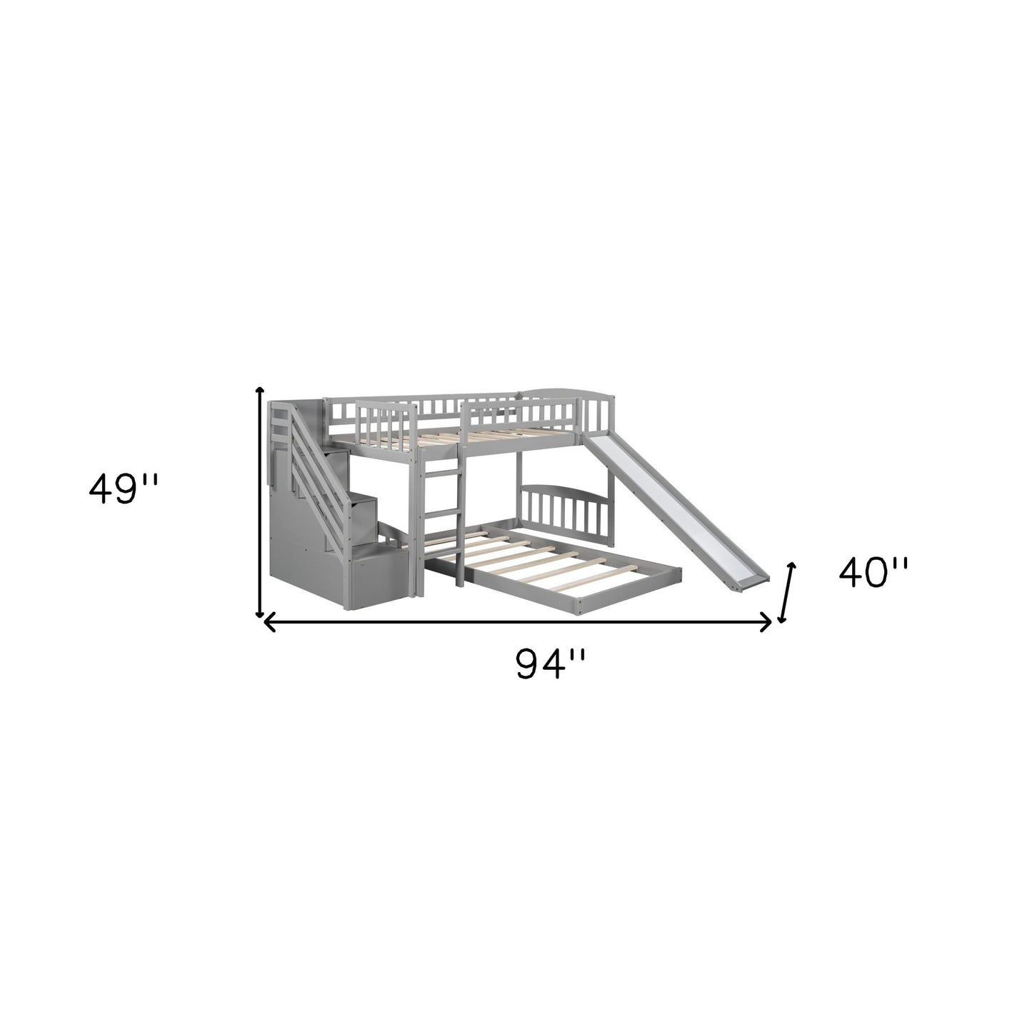 Gray Twin Over Twin Perpendicular Bunk Bed with Storage Stairs and Slide