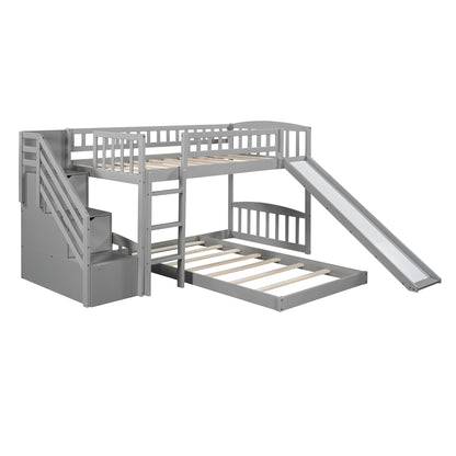 Gray Twin Over Twin Perpendicular Bunk Bed with Storage Stairs and Slide