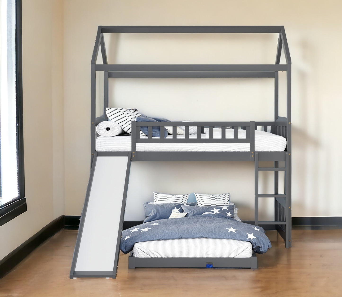 Gray Playhouse Frame Full Over Full Perpendicular Bunk Bed with Slide