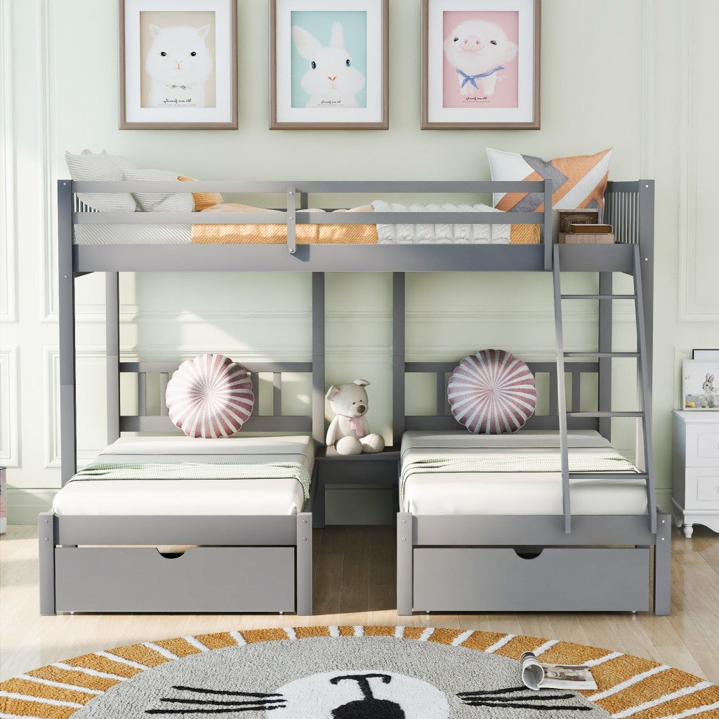 Gray Full Over Double Twin Triple Bunk Beds with Drawers