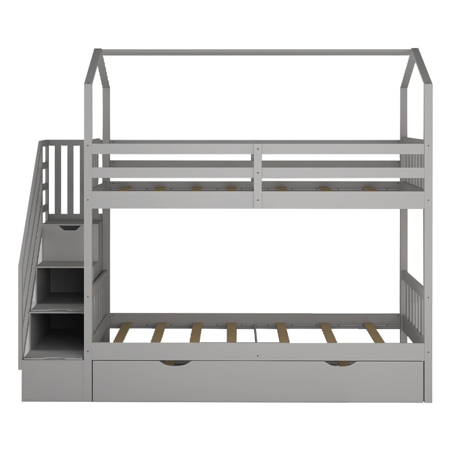 Gray Twin Over Twin Playhouse Bunk Bed with Trundle and Staircase