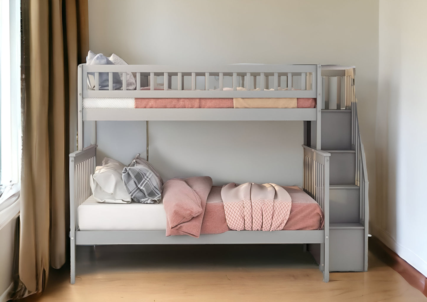 Gray Twin Over Full Farmhouse Style Bunk Bed with Staircase