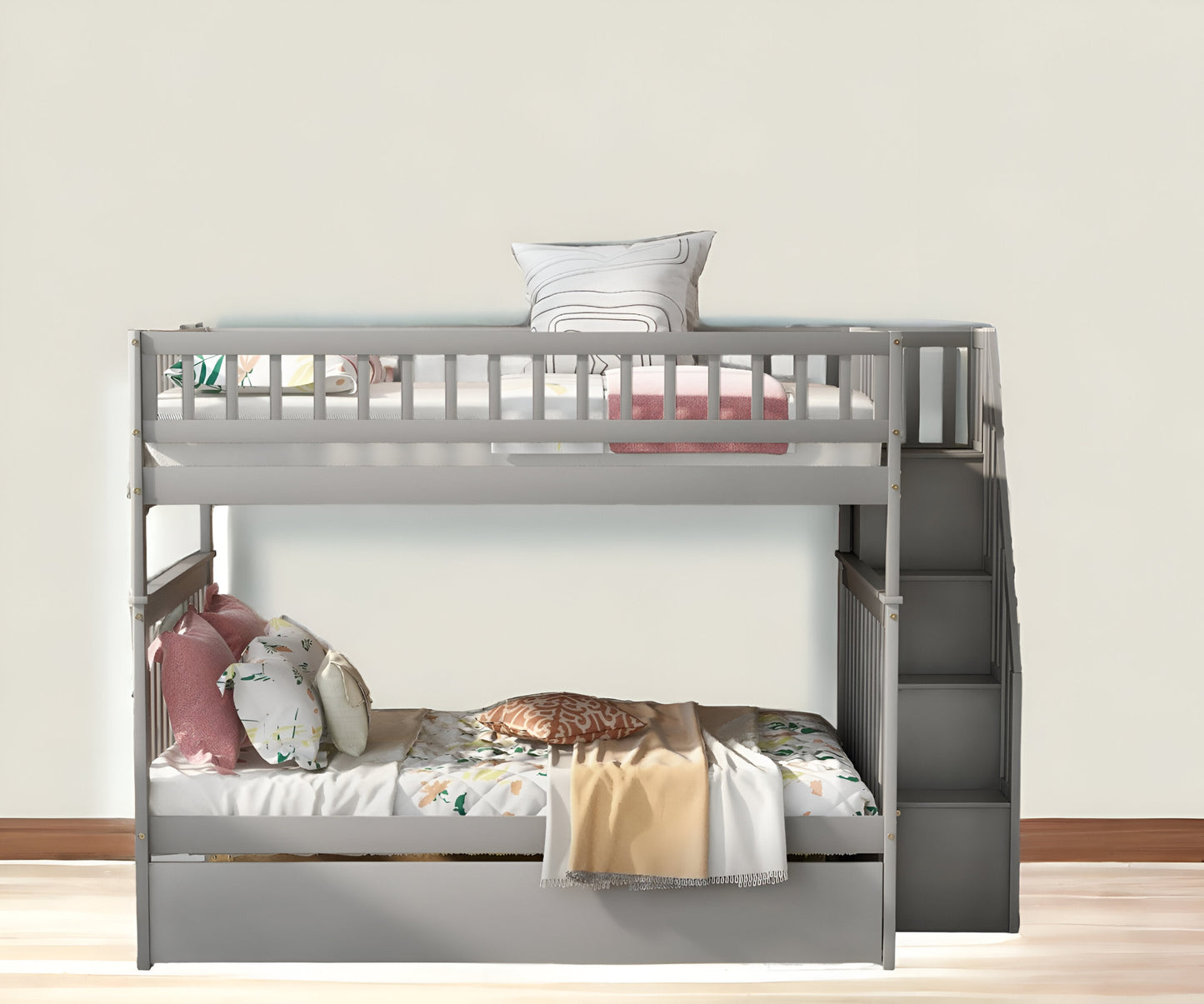 Gray Full Over Full Farmhouse Style Bunk Bed with Trundle and Staircase