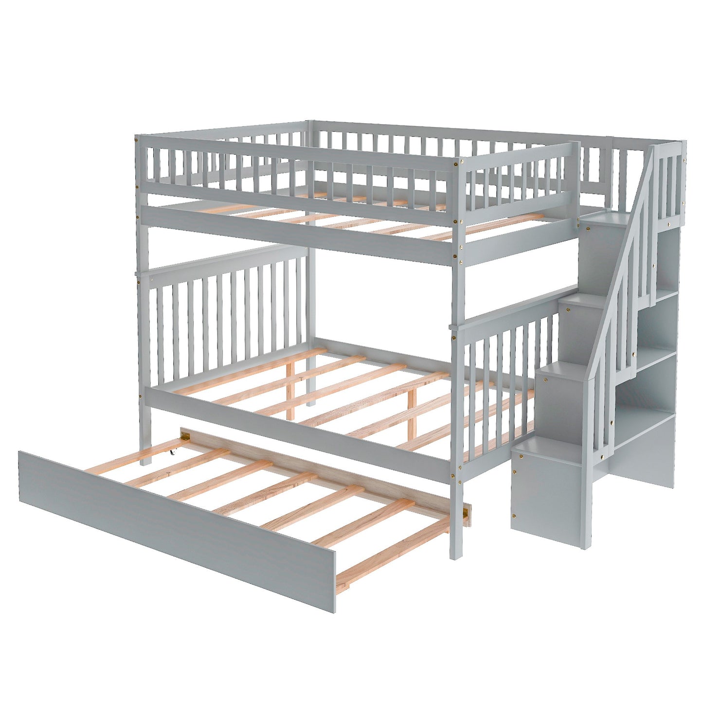 Gray Full Over Full Farmhouse Style Bunk Bed with Trundle and Staircase