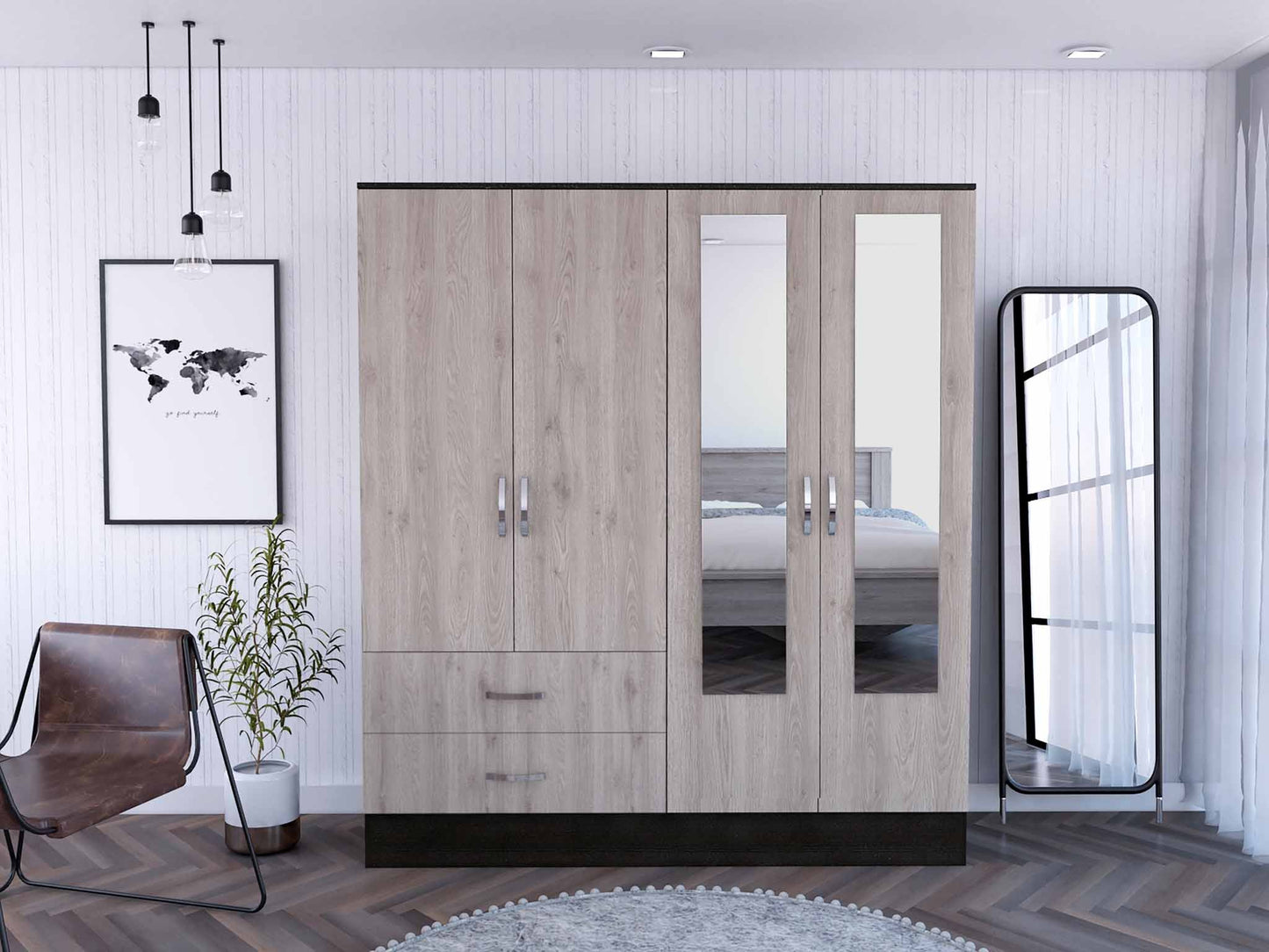 71" Light Oak and Black Four Door Wardrobe Closet with Mirrors