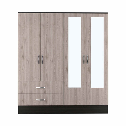 71" Light Oak and Black Four Door Wardrobe Closet with Mirrors