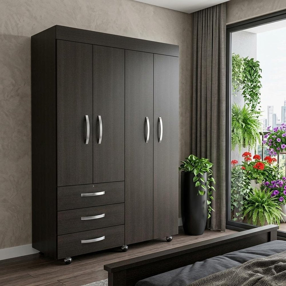 68" Black Wood Four Door Three Drawer Combo Dresser