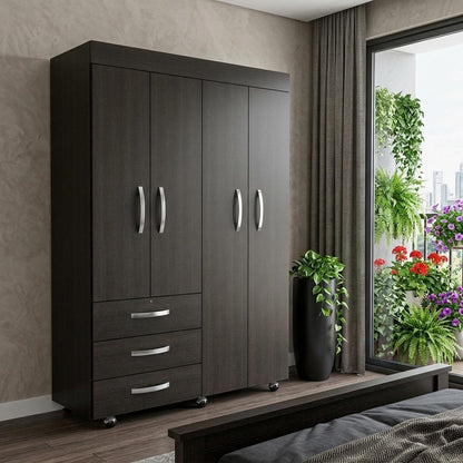 68" Black Wood Four Door Three Drawer Combo Dresser