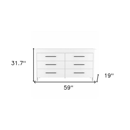 59" White Wood Six Drawer Double Dresser