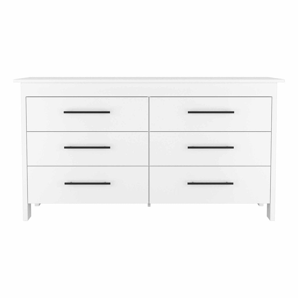 59" White Wood Six Drawer Double Dresser