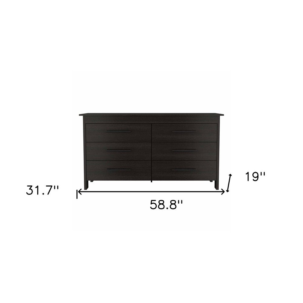 59" Black Wood Six Drawer Double Dresser