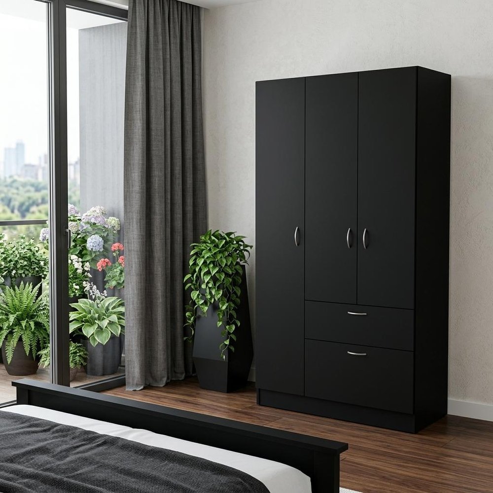 67" Black And White Wood Three Door Single Drawer Combo Dresser