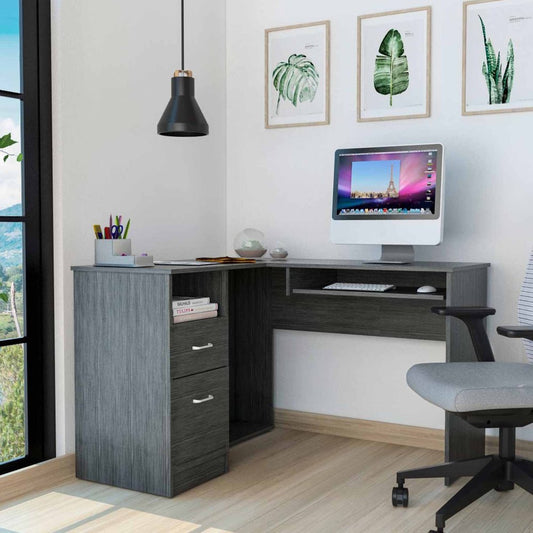 47" Gray L Shape Computer Desk With Two Drawers
