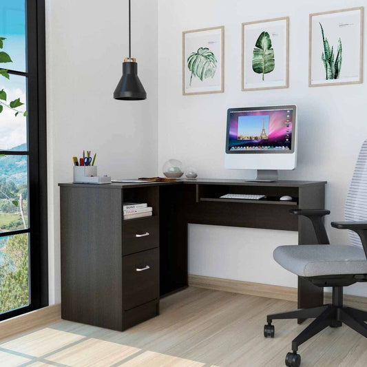 47" Black L Shape Computer Desk With Two Drawers