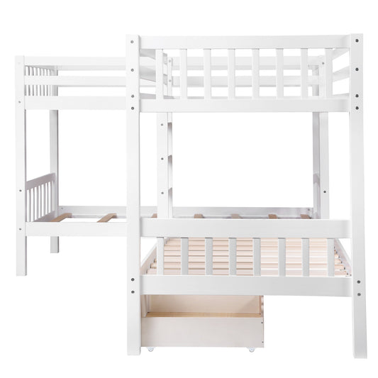 White Twin Size L Shaped Double Bunk Bed with Drawer