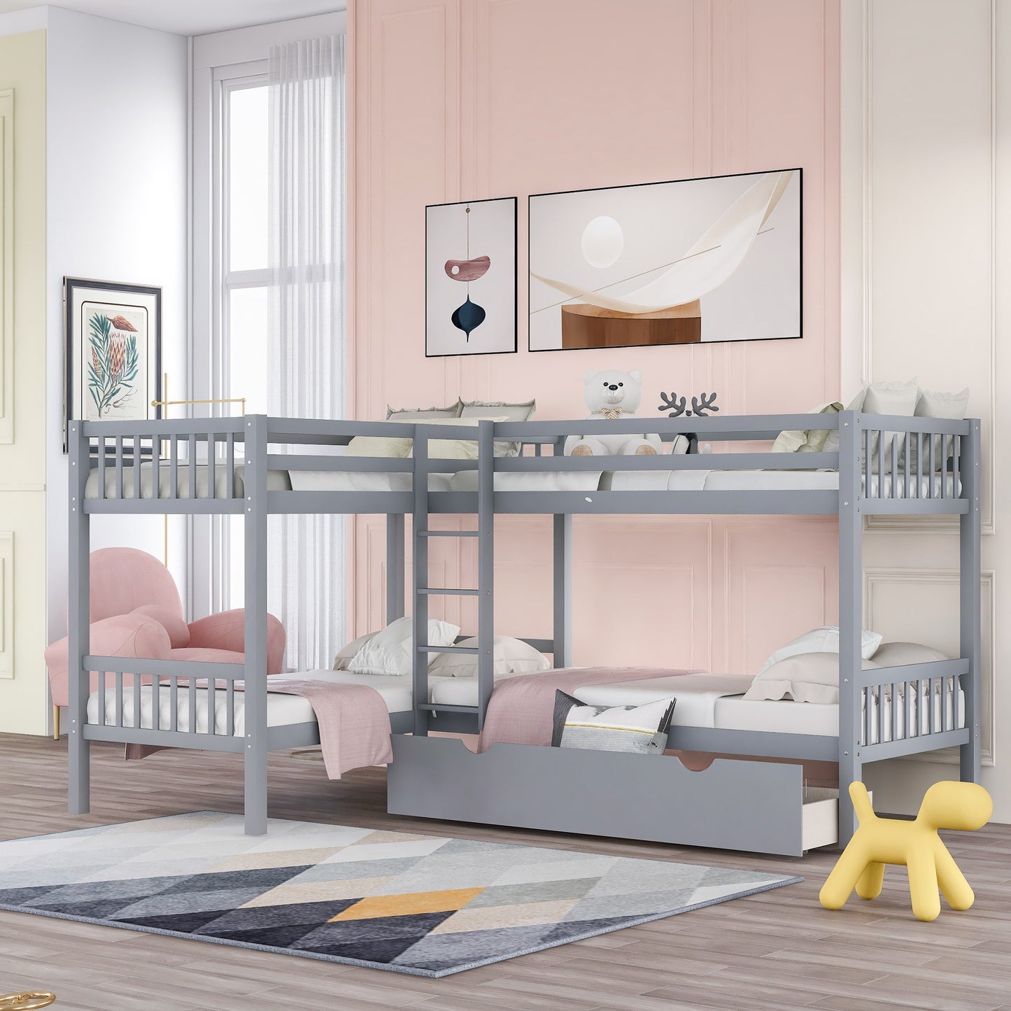 Gray Twin Size L Shaped Double Bunk Bed with Drawer